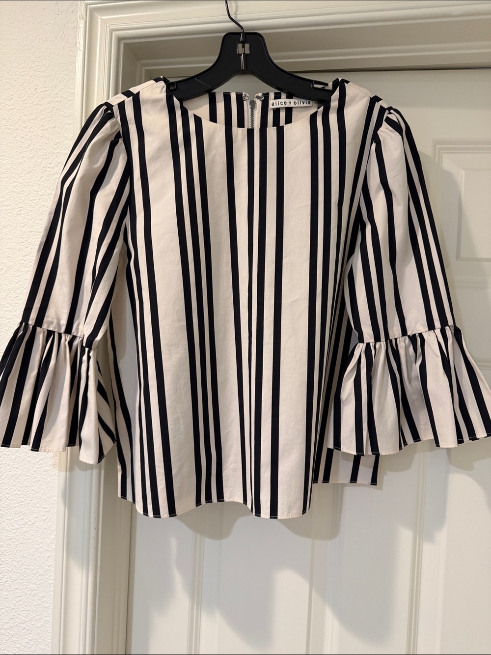 Alice + Olivia Black & White Vertical Stripe Ruffle-Sleeve Blouse